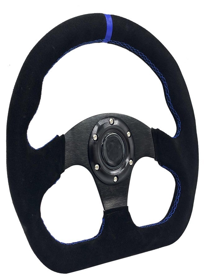Spaorcco 13" Blue Stripe Steering Wheel Race Style D-Shaped Flat Drift Racing Steering Wheel Suede Leather with Blue Stitch and Horn Button… - Image 1