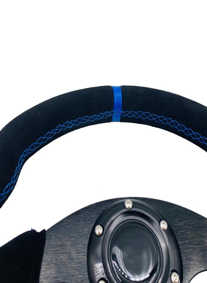 Spaorcco 13" Blue Stripe Steering Wheel Race Style D-Shaped Flat Drift Racing Steering Wheel Suede Leather with Blue Stitch and Horn Button… - Image 4