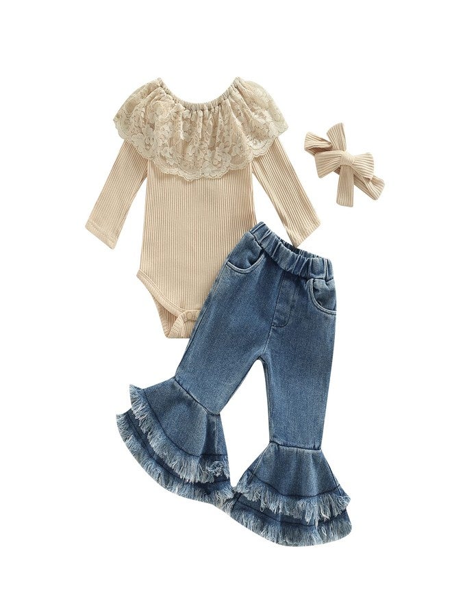 wybzd Baby Girl Outfit Infant Rib Ruffle Long Sleeve Romper Onesie Top Bell-Bottom Denim Pants Sets Cute Clothes (Beige,3-6 Months) - Image 1
