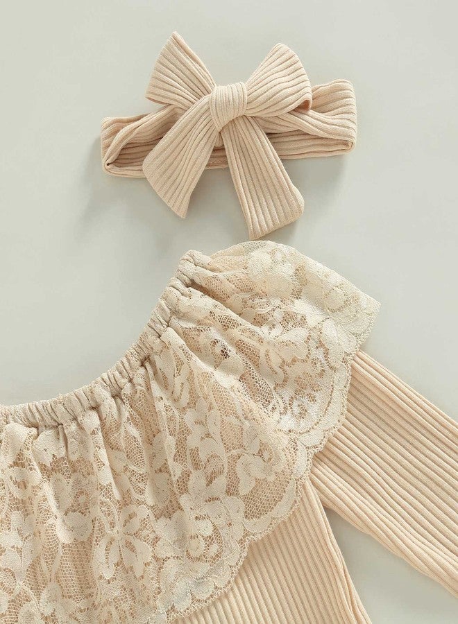 wybzd Baby Girl Outfit Infant Rib Ruffle Long Sleeve Romper Onesie Top Bell-Bottom Denim Pants Sets Cute Clothes (Beige,3-6 Months) - Image 2