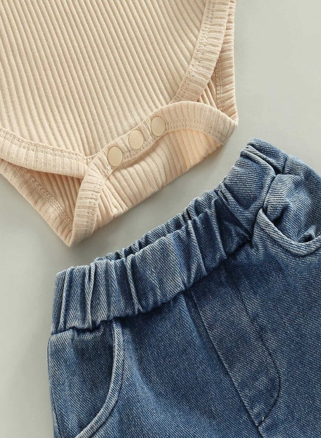 wybzd Baby Girl Outfit Infant Rib Ruffle Long Sleeve Romper Onesie Top Bell-Bottom Denim Pants Sets Cute Clothes (Beige,3-6 Months) - Image 4