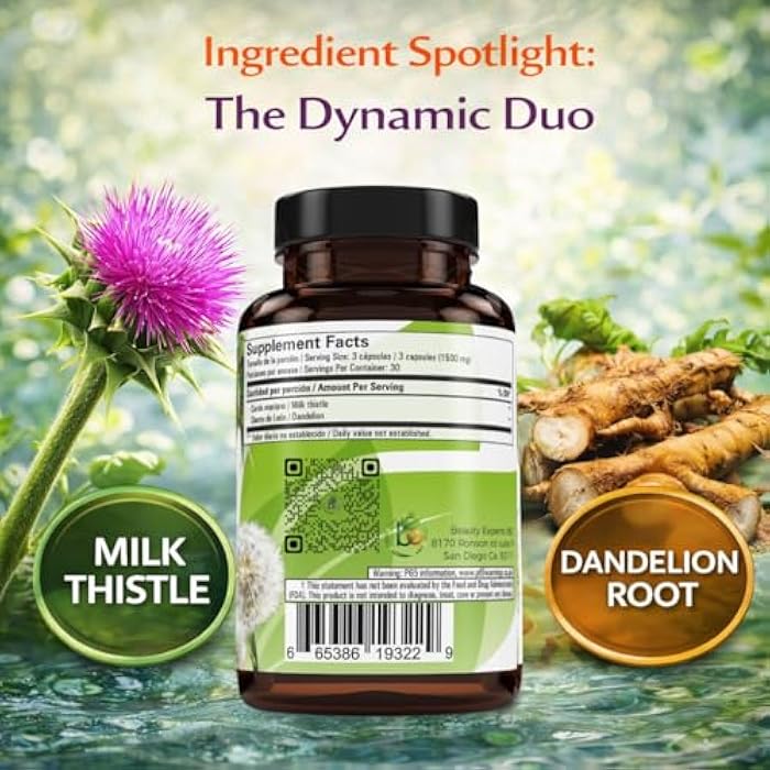 B-Experts Cardo Mariano reforzado con diente Leon (Milk Thistle Reinforced w/Dandelion) 90 Vegetable Capsule 1500 mg per Serving, Root Liver Health Support, Antioxidant Support,100% Natural, Made by BexpertsUSA - Image 2