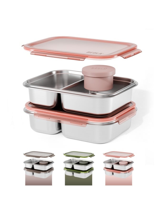 بيولا BEOLA علبة غداء من الفولاذ المقاوم للصدأ، علبة بنتو بمقصورتين، خالية من مادة BPA مع غطاء، حاوية وجبات مانعة للتسرب، مثالية كعلبة وجبات خفيفة (مجموعة من 2، وردي فاتح) - Image 1