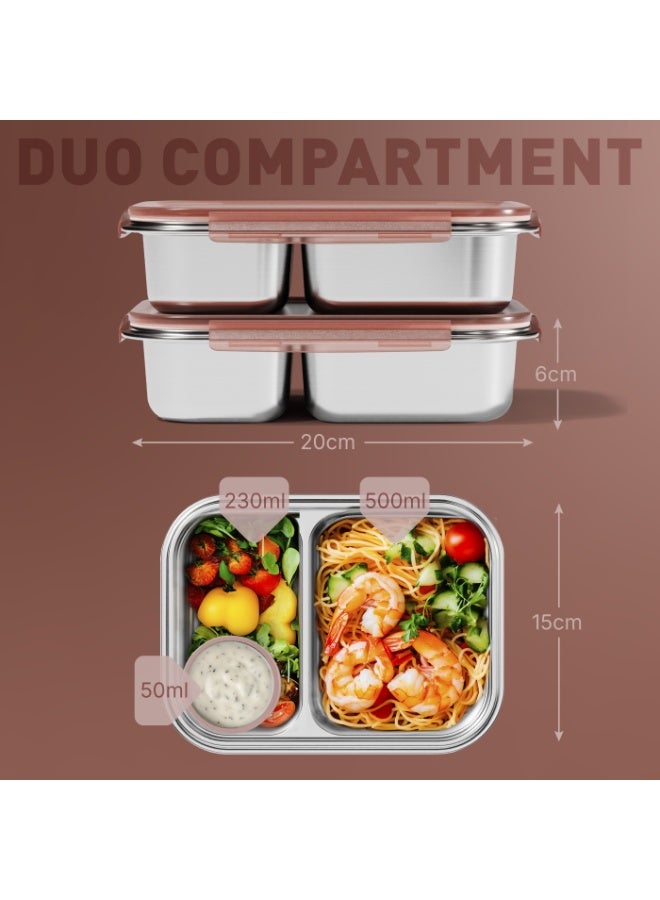 بيولا BEOLA علبة غداء من الفولاذ المقاوم للصدأ، علبة بنتو بمقصورتين، خالية من مادة BPA مع غطاء، حاوية وجبات مانعة للتسرب، مثالية كعلبة وجبات خفيفة (مجموعة من 2، وردي فاتح) - Image 2