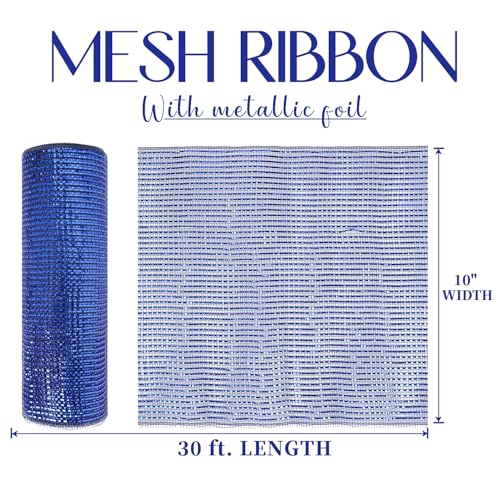 MEEDEE Navy Deco Mesh 10 Inch Deluxe Wide Foil Metallic Royal Blue with Navy Poly Mesh Navy Blue Mesh Ribbon for Christmas Tree Wreaths Garland Gift Wrapping Bows Making 30 Feet - Image 3