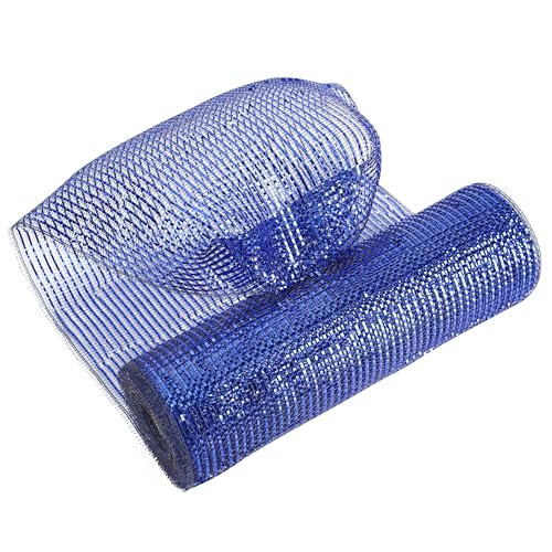 MEEDEE Navy Deco Mesh 10 Inch Deluxe Wide Foil Metallic Royal Blue with Navy Poly Mesh Navy Blue Mesh Ribbon for Christmas Tree Wreaths Garland Gift Wrapping Bows Making 30 Feet - Image 1