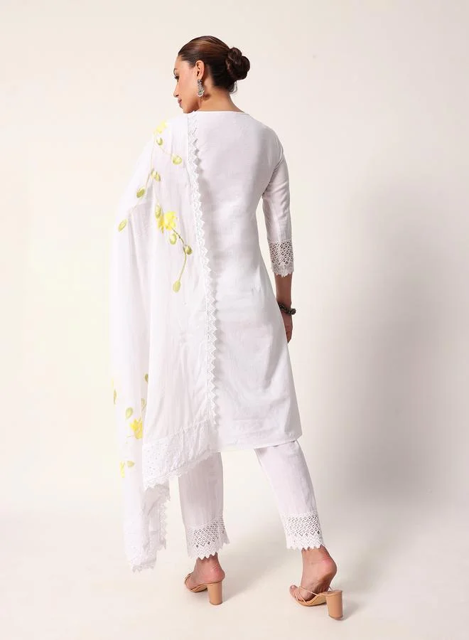 ISHIN Women's White Cotton Textured Tunic Full Palazzo Regular Fit Kurta Set