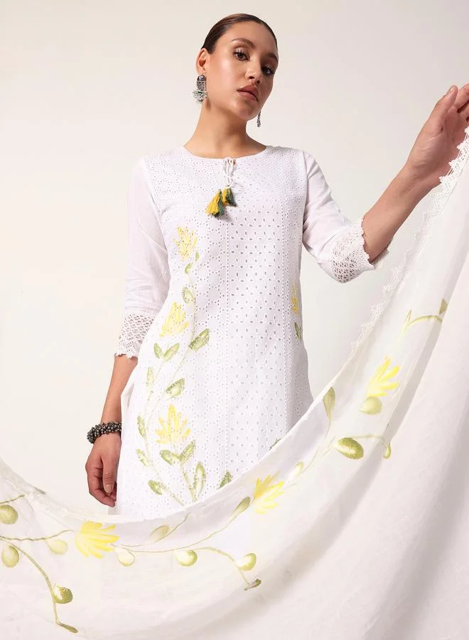 ISHIN Women's White Cotton Textured Tunic Full Palazzo Regular Fit Kurta Set