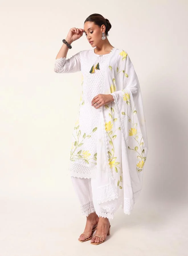 ISHIN Women's White Cotton Textured Tunic Full Palazzo Regular Fit Kurta Set