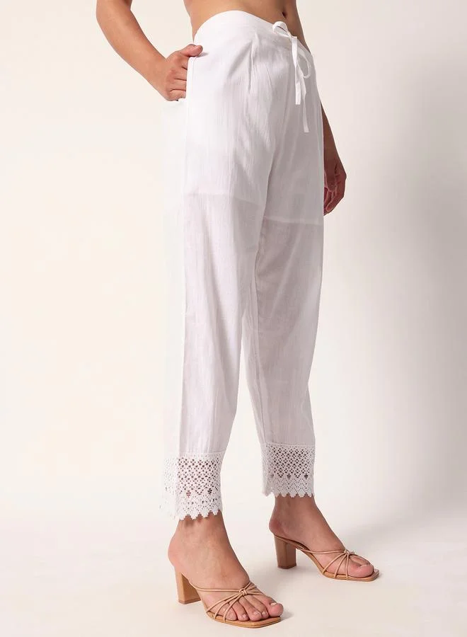 ISHIN Women's White Cotton Textured Tunic Full Palazzo Regular Fit Kurta Set