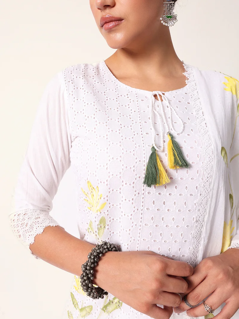ISHIN Women's White Cotton Textured Tunic Full Palazzo Regular Fit Kurta Set