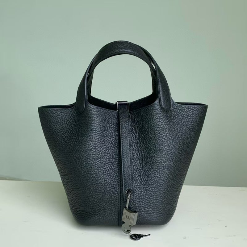18cm Wax Line Hand Sewed TC Top Layer Cowhide Vegetable Basket Bag Bucket Bag Genuine Leather Womens Bag Handbag Black gun buckle 