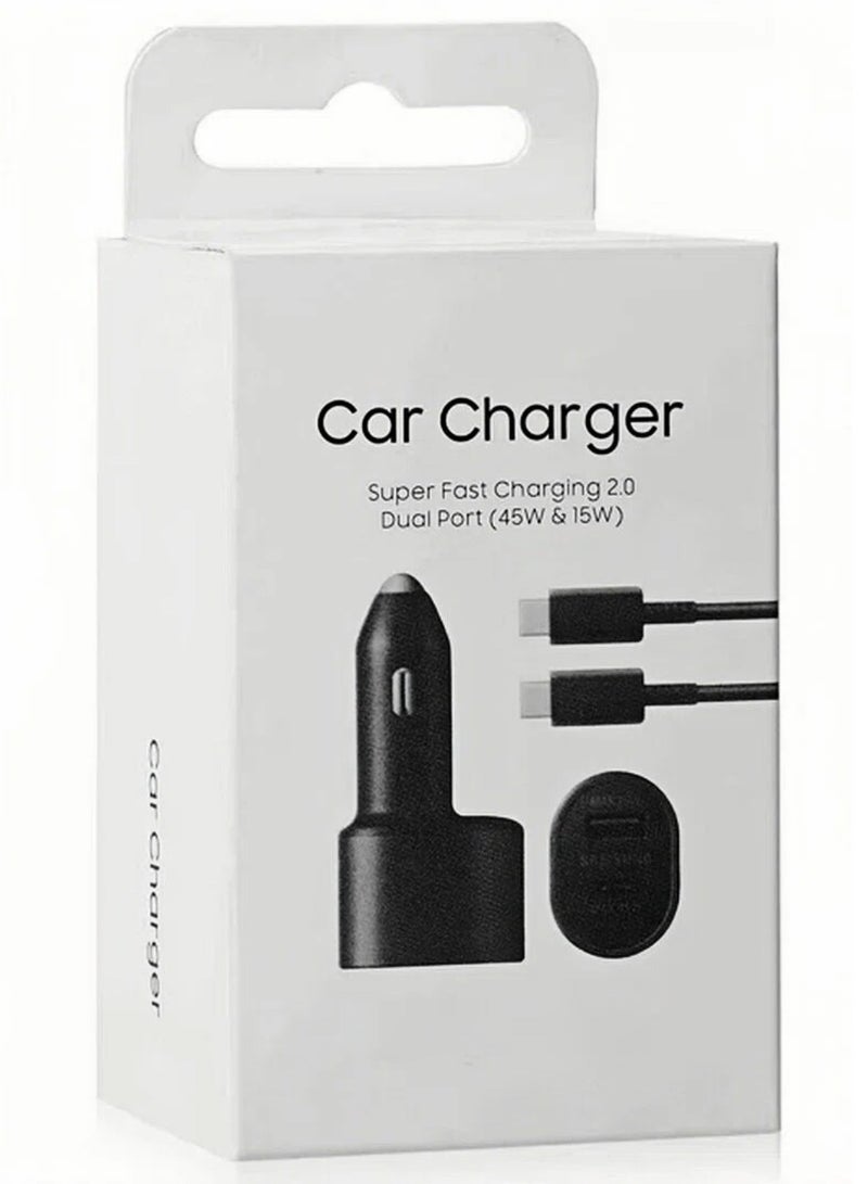 Car Charger Fast Charging 45W and 15W 2.0 Dual Port Car Charger with USB-C Cable 1m - Black - Image 1