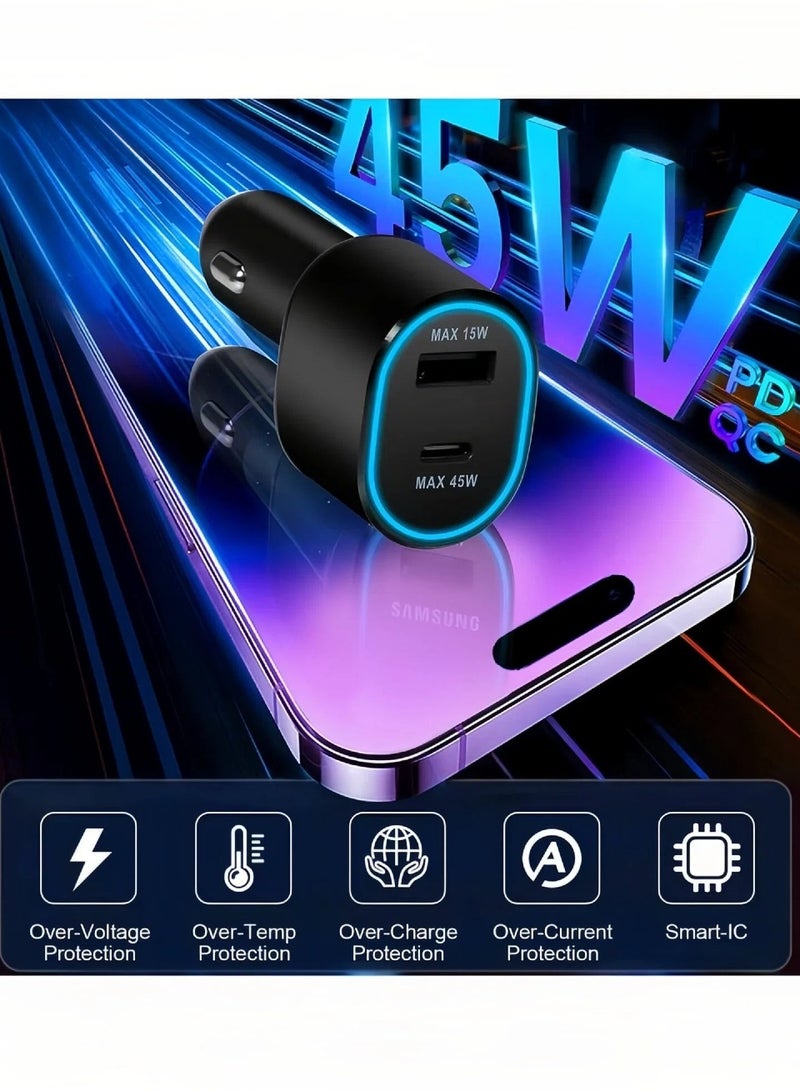 Car Charger Fast Charging 45W and 15W 2.0 Dual Port Car Charger with USB-C Cable 1m - Black - Image 3