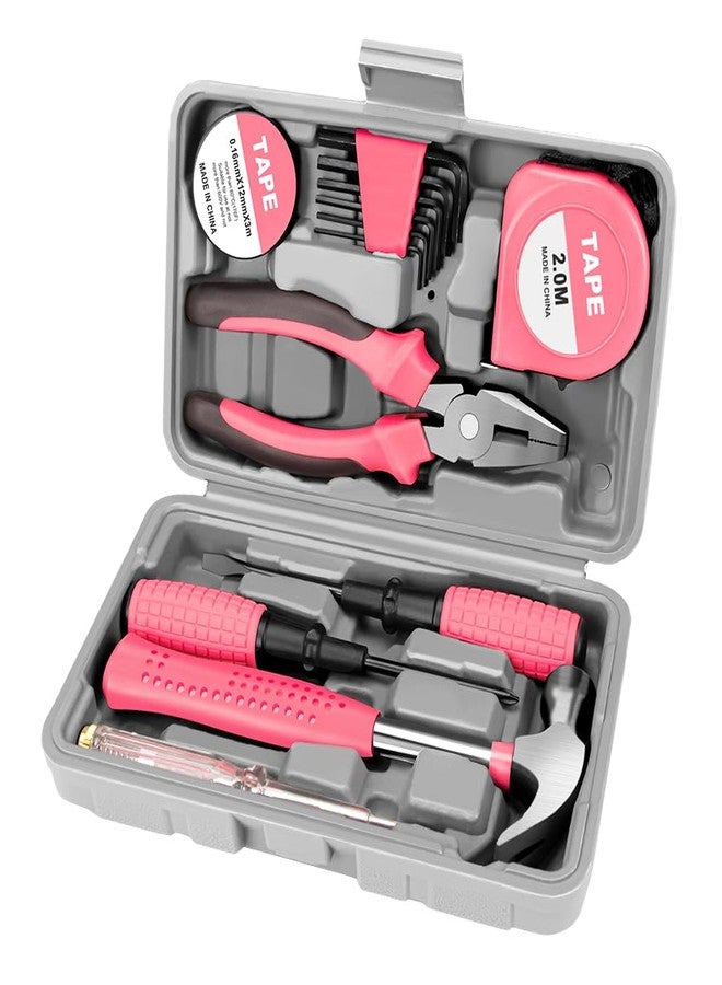XDENGP 13 Piece Pink Tool Set, Mini Tool Box for Women. Home Tool Kit with Plastic Storage Toolbox for All Purpose Office, Garage, Apartment and College Dorm