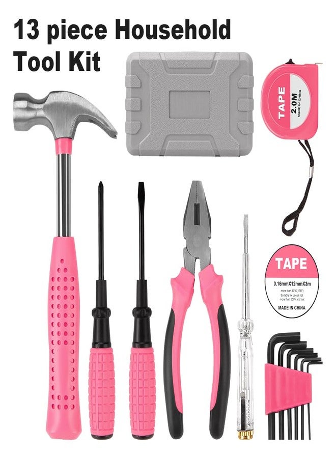 XDENGP 13 Piece Pink Tool Set, Mini Tool Box for Women. Home Tool Kit with Plastic Storage Toolbox for All Purpose Office, Garage, Apartment and College Dorm - Image 3