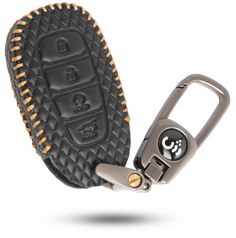 SHOPOFLUX Metal Key Cover Compatible with Hyundai Verna 2024 2023 | i20 Facelift N Line N8 Car 4 button smart key (Leather Black) - Image 1