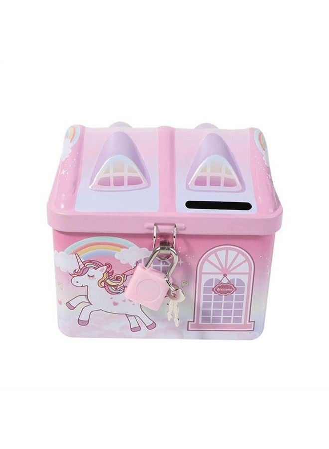 ويش كي صندوق نقود معدني مطبوع عليه وحيد القرن لطيف وملون من WISHKEY مع قفل آمن ومفاتيح للأطفال، صندوق تخزين على شكل منزل لتوفير المال وجمع العملات المعدنية للبنات والأطفال (عبوة من قطعة واحدة، متعدد الألوان، كلاسيكي) - Image 4