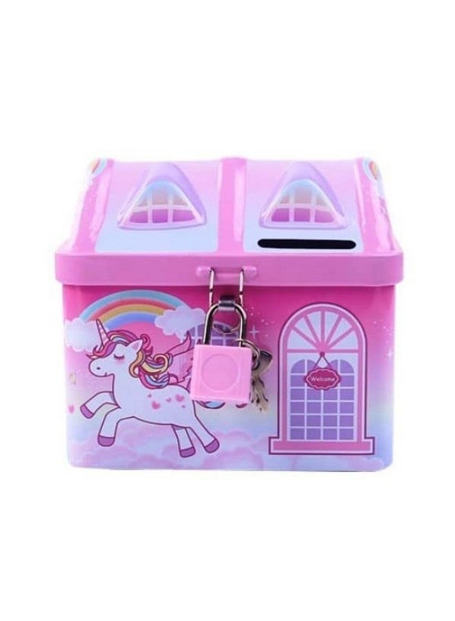 ويش كي صندوق نقود معدني مطبوع عليه وحيد القرن لطيف وملون من WISHKEY مع قفل آمن ومفاتيح للأطفال، صندوق تخزين على شكل منزل لتوفير المال وجمع العملات المعدنية للبنات والأطفال (عبوة من قطعة واحدة، متعدد الألوان، كلاسيكي) - Image 1