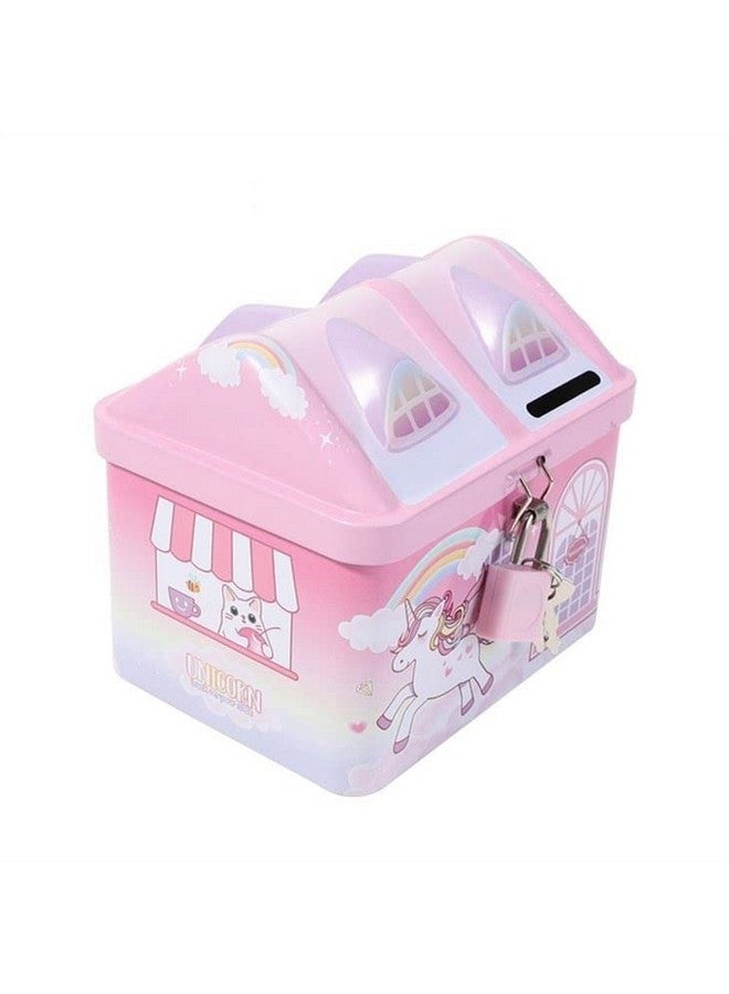 ويش كي صندوق نقود معدني مطبوع عليه وحيد القرن لطيف وملون من WISHKEY مع قفل آمن ومفاتيح للأطفال، صندوق تخزين على شكل منزل لتوفير المال وجمع العملات المعدنية للبنات والأطفال (عبوة من قطعة واحدة، متعدد الألوان، كلاسيكي) - Image 2