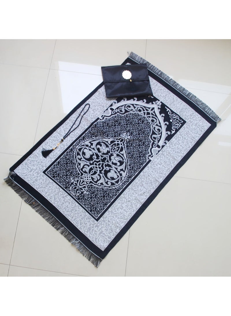 JEEJPV Prayer Blanket Set Muslim Mat Islamic - Prayer Blanket Sajadah for Kids, Men, Women with Islamic Prayer Beads for Eid Travel Ramadan Soft and Luxurious (Black)