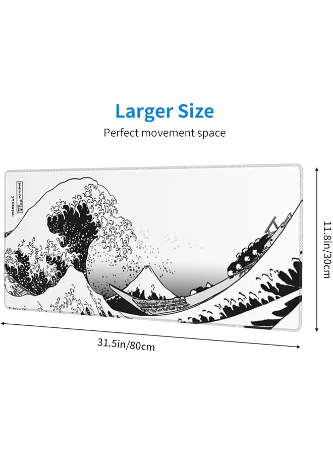erorex Mouse Pad Large Gaming Mousepad Xl Japanese Wave Anime Desk Mat Mouse Pad Long 31.5X11.8 In Extended Big White Mouse Pad Waterproof Desk Pad With Non Slip Base And Stitched Edges - Image 3