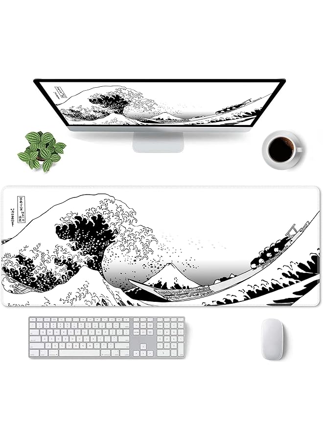 erorex Mouse Pad Large Gaming Mousepad Xl Japanese Wave Anime Desk Mat Mouse Pad Long 31.5X11.8 In Extended Big White Mouse Pad Waterproof Desk Pad With Non Slip Base And Stitched Edges - Image 2