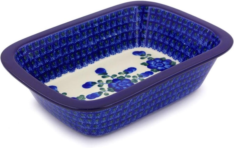 Polmedia Polish Pottery طبق خبز مستطيل من الفخار البولندي الأصلي بتصميم الخشخاش الأزرق مصنوع يدويًا في بولسوافياك بولندا بواسطة سيراميكا أرتيستشنا شهادة الأصالة - Image 1