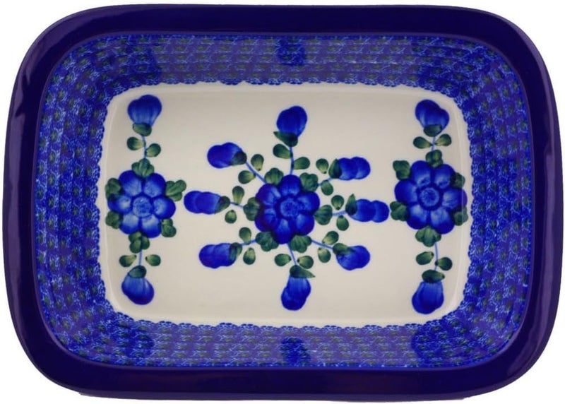 Polmedia Polish Pottery طبق خبز مستطيل من الفخار البولندي الأصلي بتصميم الخشخاش الأزرق مصنوع يدويًا في بولسوافياك بولندا بواسطة سيراميكا أرتيستشنا شهادة الأصالة - Image 2
