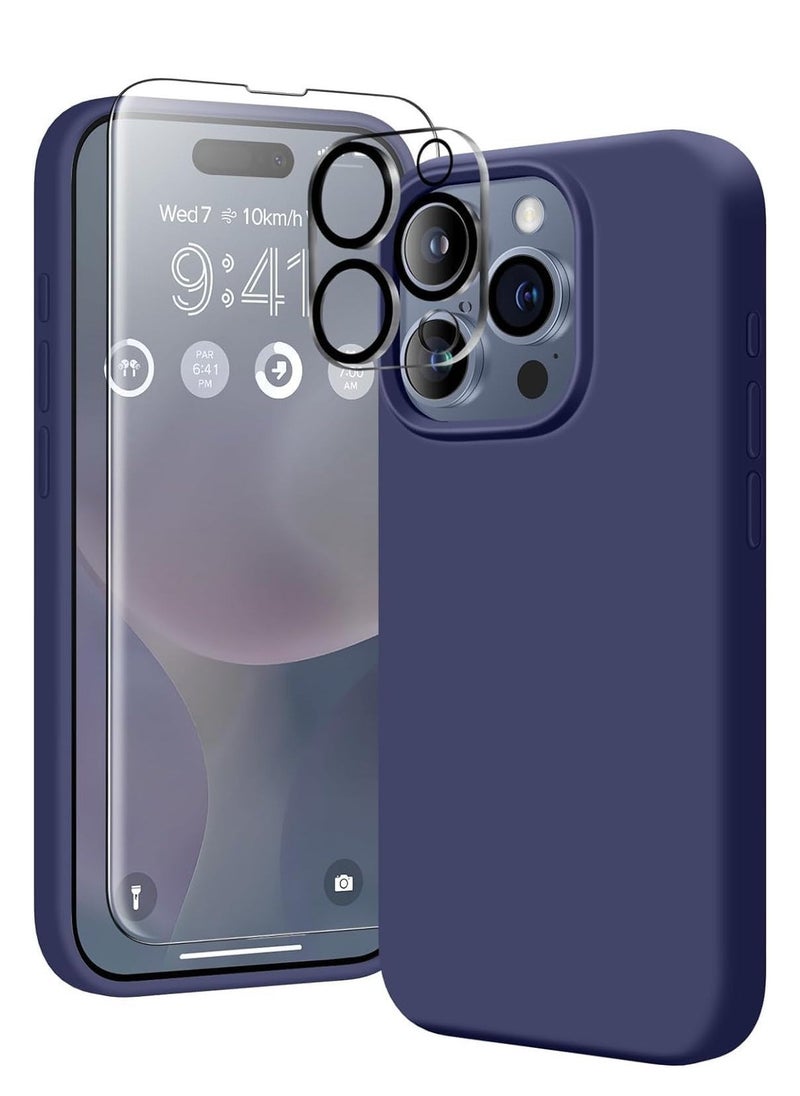 Generic Case Compatible with iPhone 15 Pro, with 3X Screen Protector + 3X Camera Lens Protector, Liquid Silicone Shockproof Anti-Scratch Protective Microfiber Lining Phone Case (Midnight Blue)  - Image 1