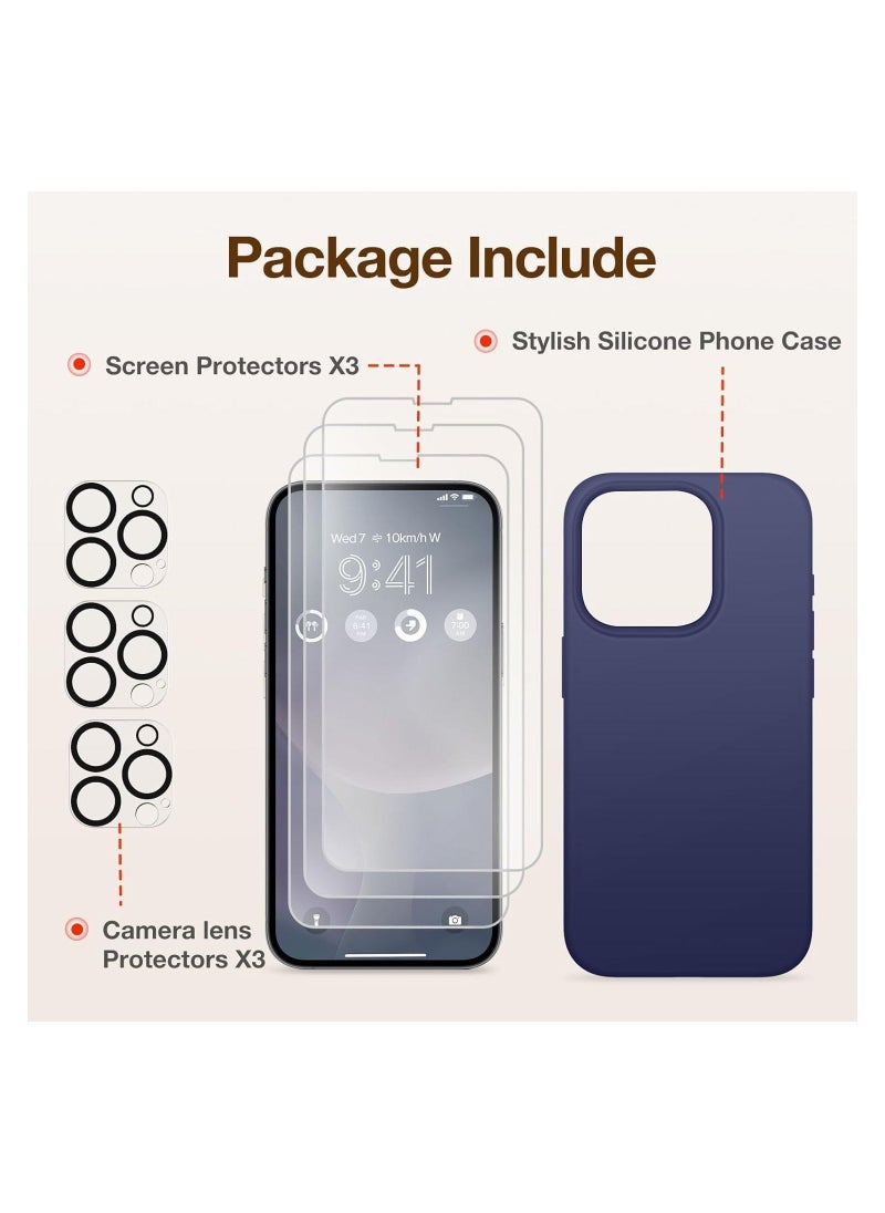 Generic Case Compatible with iPhone 15 Pro, with 3X Screen Protector + 3X Camera Lens Protector, Liquid Silicone Shockproof Anti-Scratch Protective Microfiber Lining Phone Case (Midnight Blue)  - Image 4