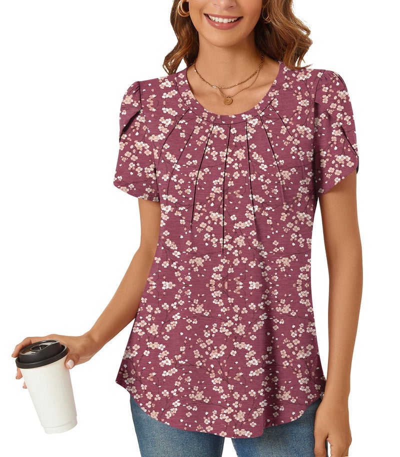 Anyhold 2025 Womens Tops Dressy Casual Summer Short Sleeve Blouses Crew Neck Pleated Business Shirt Large, Crimson Plum Blossom - Image 3
