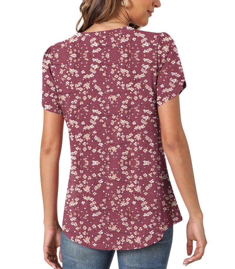 Anyhold 2025 Womens Tops Dressy Casual Summer Short Sleeve Blouses Crew Neck Pleated Business Shirt Large, Crimson Plum Blossom - Image 4