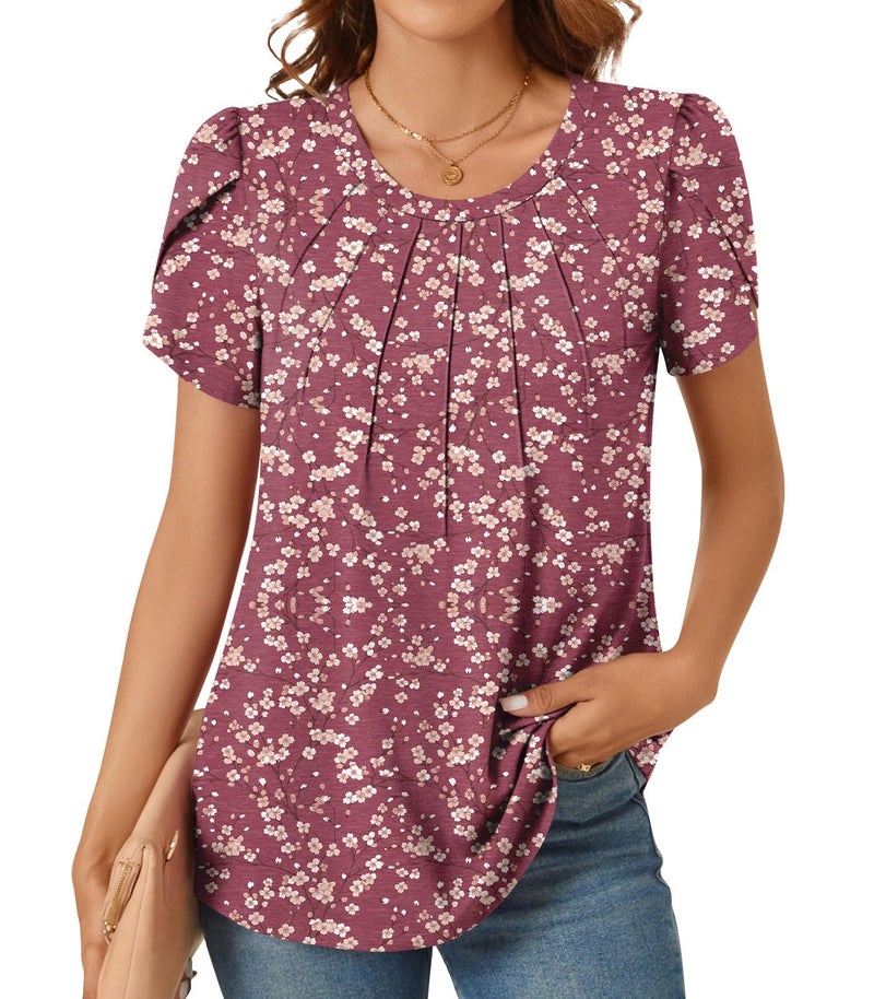 Anyhold 2025 Womens Tops Dressy Casual Summer Short Sleeve Blouses Crew Neck Pleated Business Shirt Large, Crimson Plum Blossom - Image 1