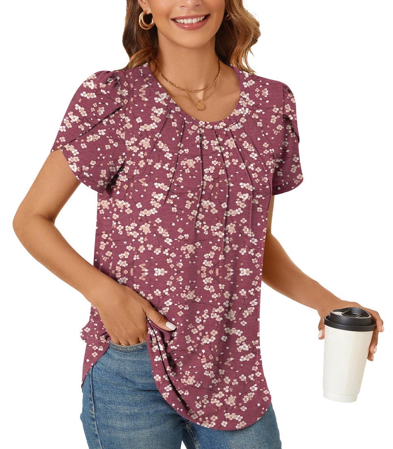 Anyhold 2025 Womens Tops Dressy Casual Summer Short Sleeve Blouses Crew Neck Pleated Business Shirt Large, Crimson Plum Blossom - Image 2