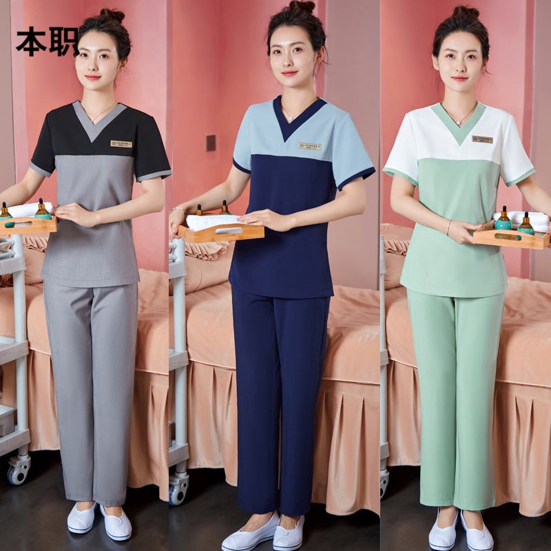 بدلة عمل فنية لفني حمام القدم في صالون التجميل بأكمام قصيرة، بدلة تمريض لمركز العزل الأمامي - Image 2