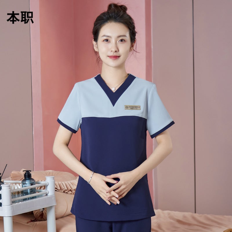 بدلة عمل فنية لفني حمام القدم في صالون التجميل بأكمام قصيرة، بدلة تمريض لمركز العزل الأمامي - Image 4
