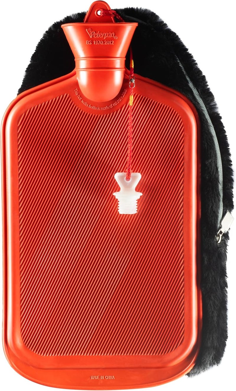 Peterpan Peterpan Oversized Rubber Hot Water Bottle with Soft Fur Cover, 100 Fl Oz (3 Liters), BPA & Phthalates Free, Pain Relief Hot Water Bag, Grey Zipper 