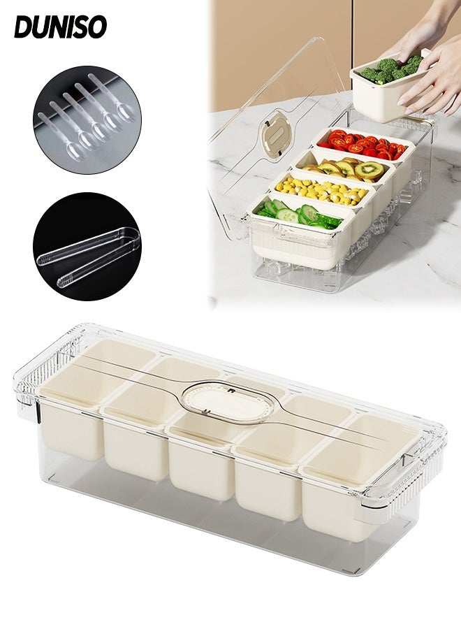 DUNISO صندوق قفل مع 5 شوكات فواكه، صينية تقديم مقسمة مع غطاء ومقبض، منظم صحن شفاف للفواكه، الحلوى، المكسرات والوجبات الخفيفة، حاوية تخزين الطعام - Image 1