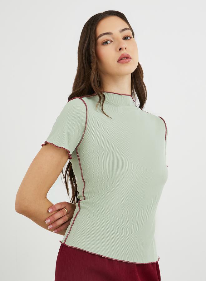 Take Two Green Ribbed High Neck Slim Fit Top - Image 1