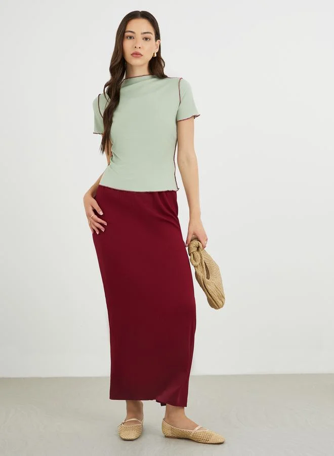 Take Two Take Two Green Ribbed High Neck Slim Fit Top