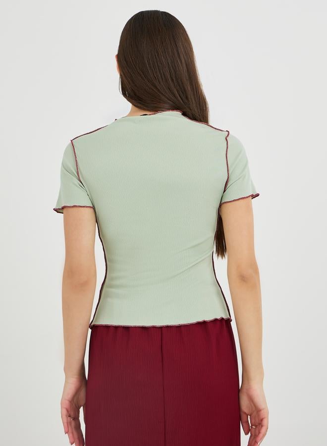 Take Two Green Ribbed High Neck Slim Fit Top - Image 4