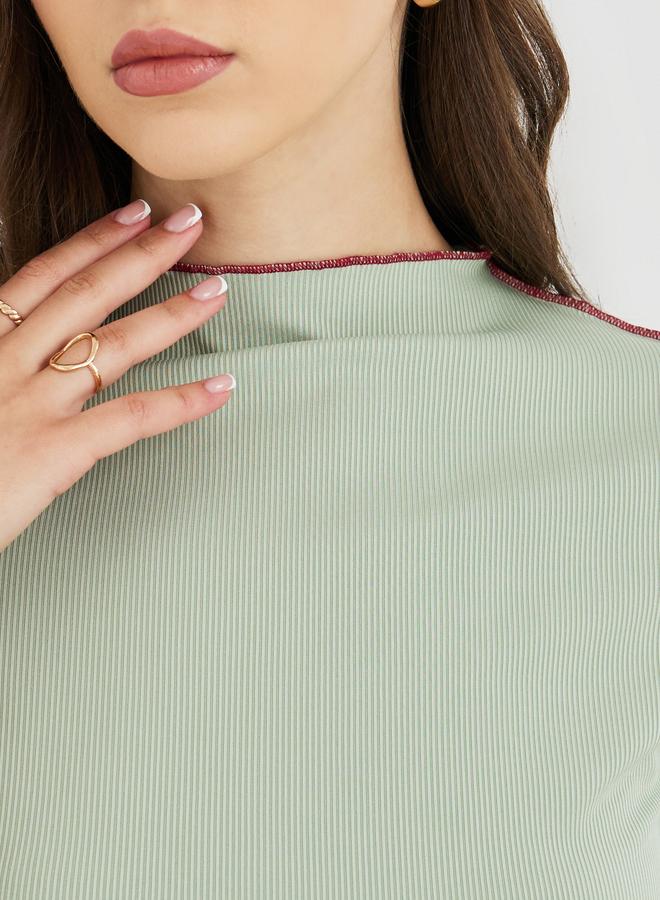 Take Two Green Ribbed High Neck Slim Fit Top - Image 3