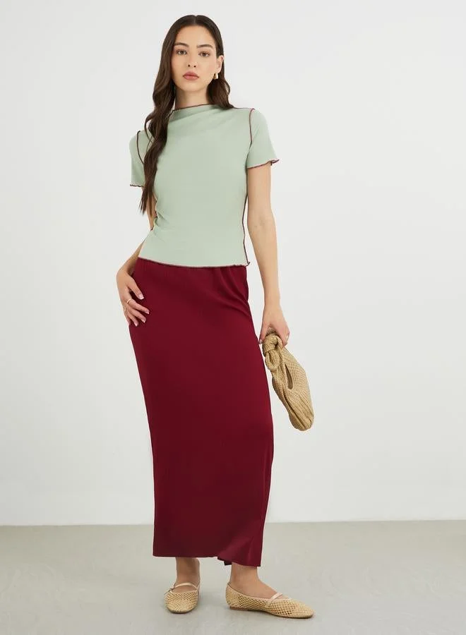 Take Two Green Ribbed High Neck Slim Fit Top