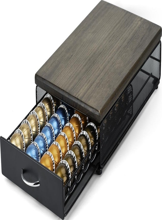 درج تخزين كبسولات قهوة HiveNets متوافق مع حامل كبسولات Nespresso Vertuoline، مصنوع من المعدن والخشب، منظم علوي (يستوعب 40 كبسولة). - Image 1