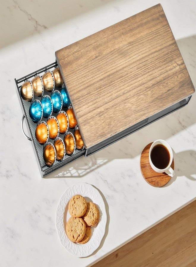 درج تخزين كبسولات قهوة HiveNets متوافق مع حامل كبسولات Nespresso Vertuoline، مصنوع من المعدن والخشب، منظم علوي (يستوعب 40 كبسولة). - Image 3