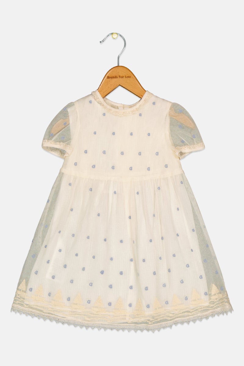 GUCCI Toddlers Girl Round Neck Short Sleeve Textured Dress, Cream  - Image 1