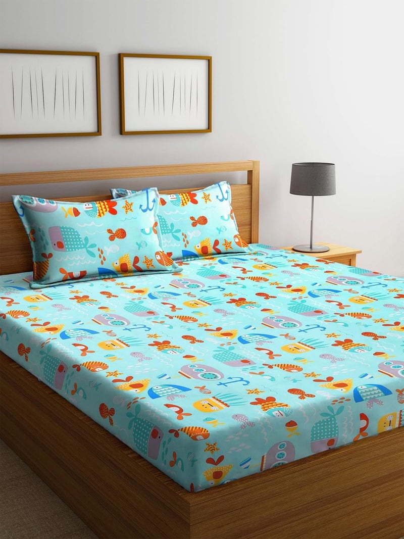 DECOMIZER Glace Cotton Wrinkle Free Soft Hypoallergenic Bed Sheet | Cartoon Printed Double Bedsheets King Size for Kids with 2 Pillow Cover (90x95 Inches/Aquarium), 300 TC - Image 5