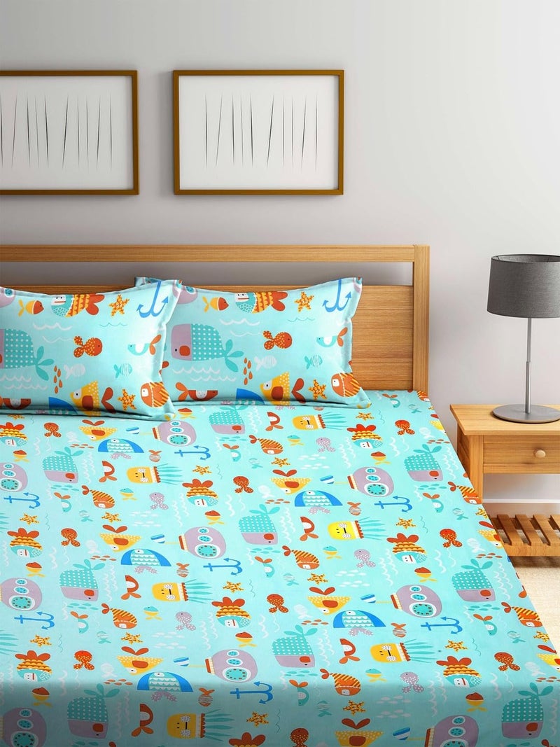 DECOMIZER Glace Cotton Wrinkle Free Soft Hypoallergenic Bed Sheet | Cartoon Printed Double Bedsheets King Size for Kids with 2 Pillow Cover (90x95 Inches/Aquarium), 300 TC - Image 2