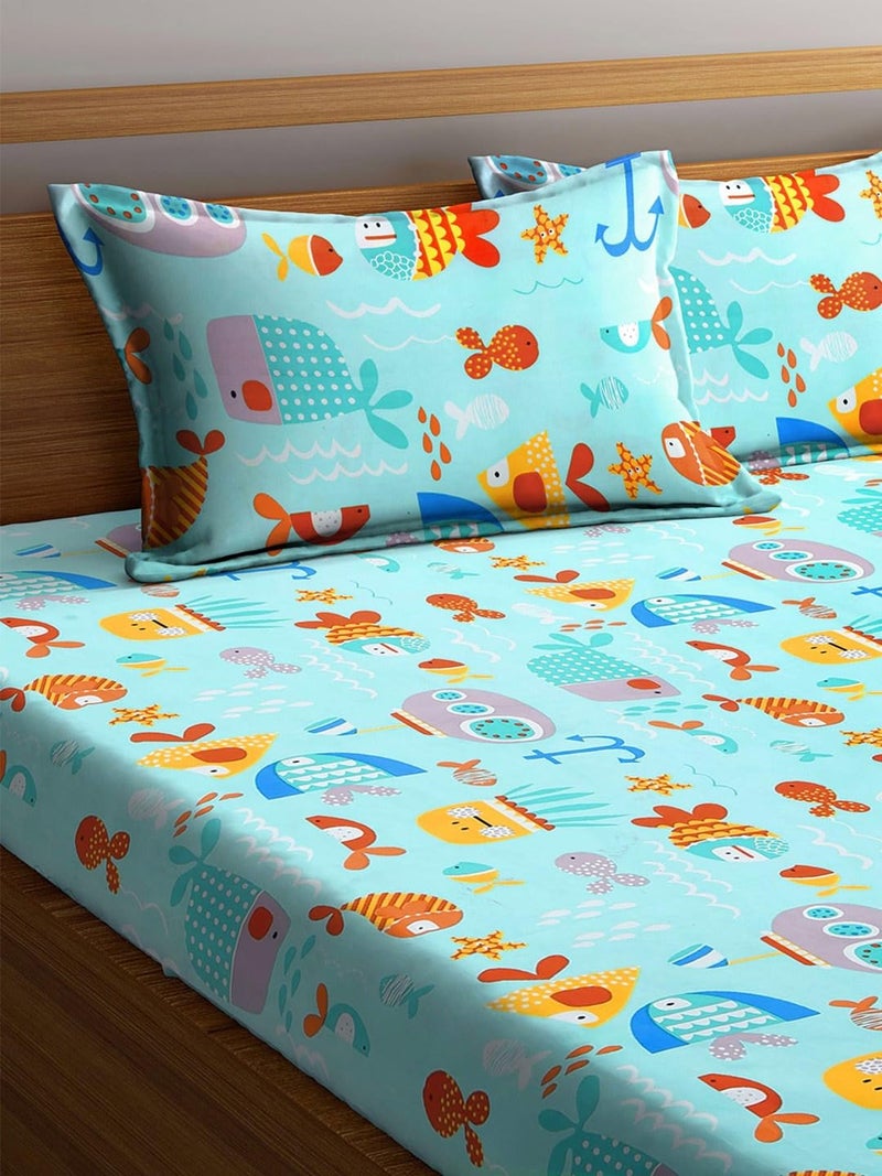 DECOMIZER Glace Cotton Wrinkle Free Soft Hypoallergenic Bed Sheet | Cartoon Printed Double Bedsheets King Size for Kids with 2 Pillow Cover (90x95 Inches/Aquarium), 300 TC - Image 3